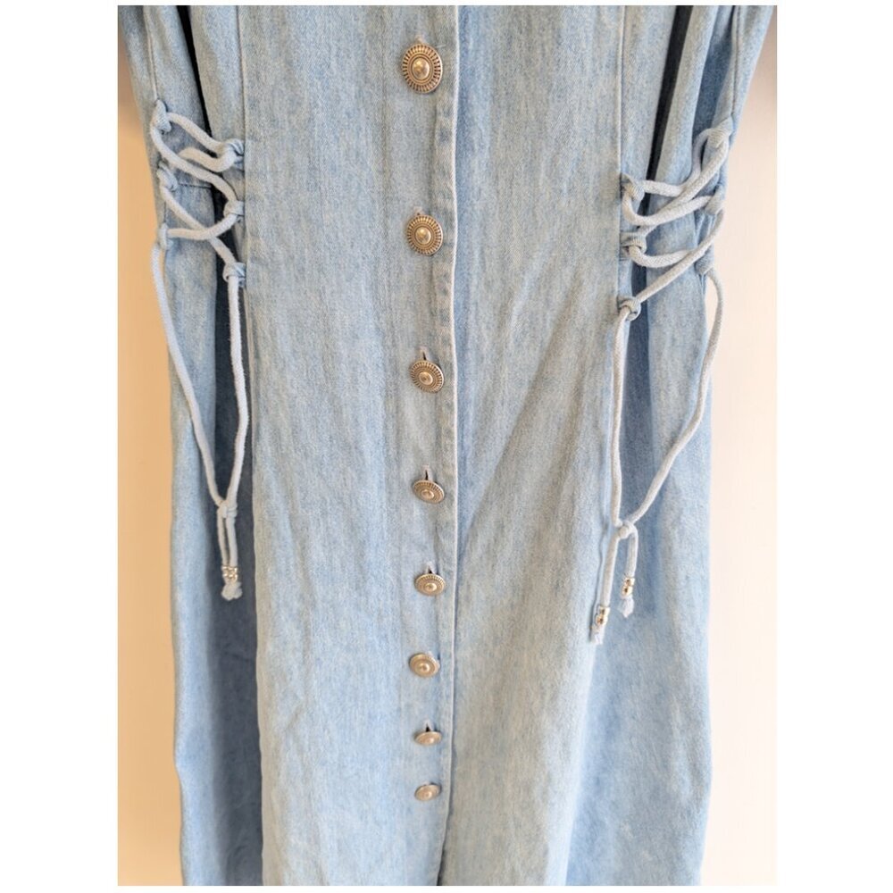 Vintage Midi Denim Dress with full button front with bead detail at neckline - Picture 2 of 10